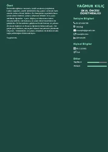 Okul Öncesi Öğretmeni Öğretmenliği Cv Örnekleri cv indir